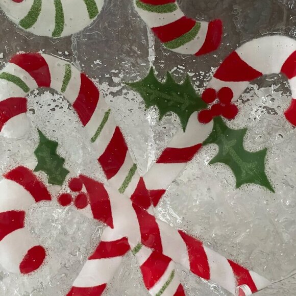 Vintage Anne C Ross Signed Red Green Candy Canes Fused Glass 10" Round Plate - Picture 4 of 5